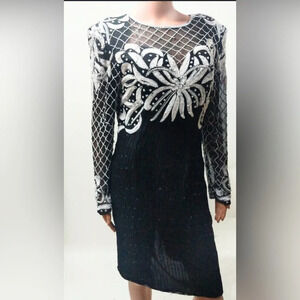 Vintage Laurence Kazar Beaded Sequin 100% Silk Cocktail Evening Dress Size L